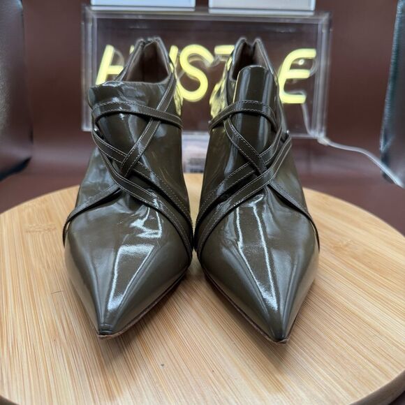 CHLOE Leather Point Toe Heel Booties Army Green Size 7.5 - Picture 9 of 11